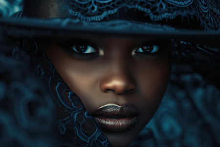 Portrait of a woman with captivating eyes peeking through a lace hatの素材