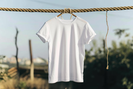 White t-shirt with space for design or branding hanging outside on a sunny dayの素材