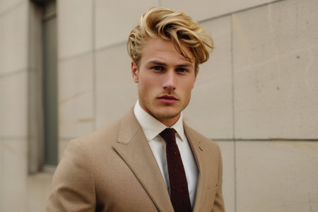 Stylish male model in a smart beige suit posing with a serious expression against a beige wallの素材