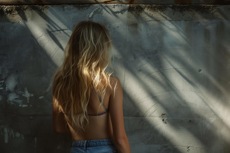 Back view of a woman enjoying the warmth of sunbeams, casting shadows on a rough wallの素材