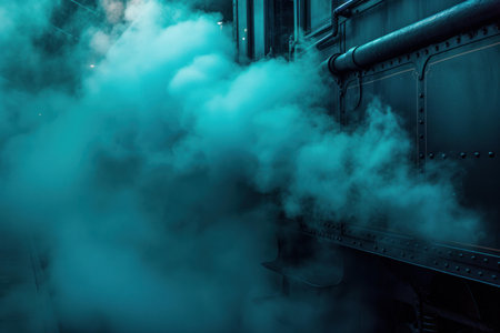 Enigmatic clouds of steam billow from an old-fashioned locomotive, evoking a sense of nostalgiaの素材