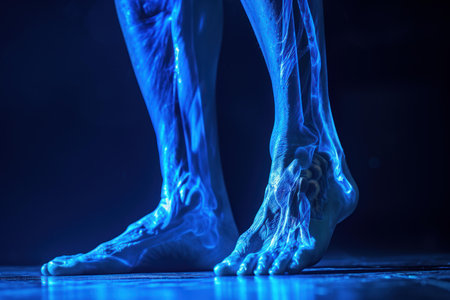 Detailed blue x-ray simulation image showcasing human feet and ankle bonesの素材