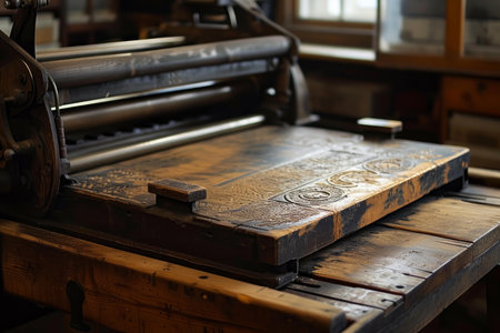 Close-up of an antique printing press with intricate details in a traditional printmaking studioの素材