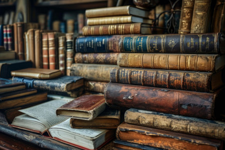 Vintage stacked books in an old library setting with a nostalgic ambianceの素材