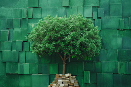 Artistic representation of a tree growing from a stack of books, set against a green wallの素材