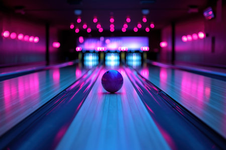 A single bowling ball sits on a lane under vibrant neon lights in an empty bowling alleyの素材