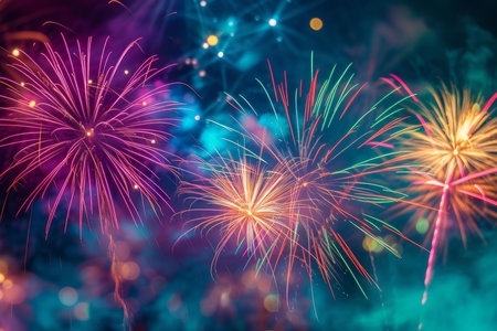 Colorful fireworks burst with sparkle and light, celebrating festivity in the nighttimeの素材