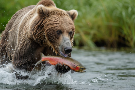 Majestic brown bear successfully snatching a salmon from a rushing river, in a dynamic display of natureの素材