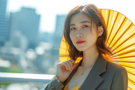 Stylish young woman poses with a bright yellow umbrella on a sunny city dayの素材
