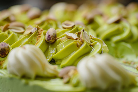 Close-up image of a pistachio-flavored cake adorned with cream swirls and nutsの素材