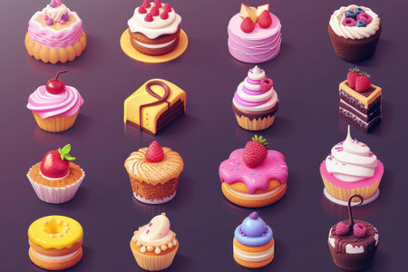 Vibrant array of 3d rendered sweet treats showcasing a variety of cakes, pies, and pastriesの素材