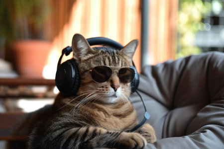 Chilledout tabby cat lounges with sunglasses and headphones on a cozy couch indoorsの素材