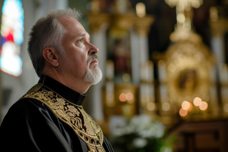 Contemplative cleric in lavish attire stands in a church, with the golden altar blurred in the backgroundの素材