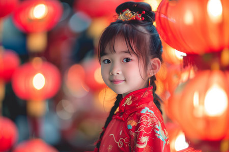 Charming young girl smiles in traditional attire surrounded by glowing red lanternsの素材