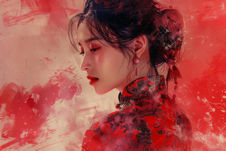 Graceful portrait of a young asian lady adorned in an exquisite traditional red dress with artistic backdropの素材