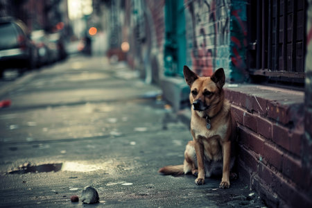 Solitary dog sits on a sidewalk in a desolate alley, evoking themes of loneliness and city lifeの素材