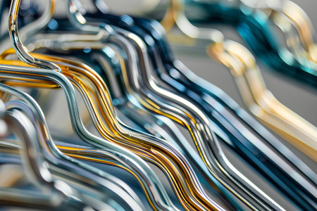 Closeup view of shiny metal hangers showcasing elegant curves and reflective surfacesの素材