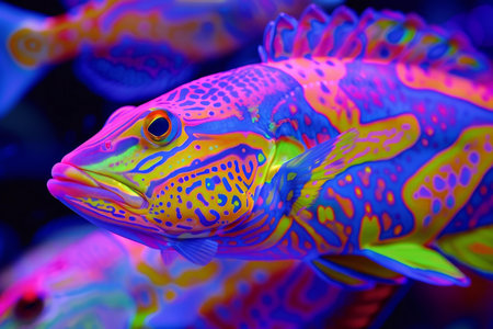 Closeup image of a brightly colored mandarin fish with psychedelic patternsの素材