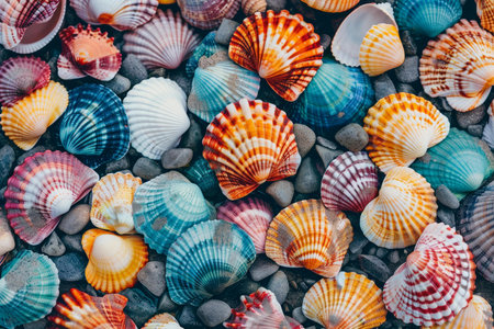Diverse seashells with vibrant patterns and colors scattered on a bed of smooth pebblesの素材