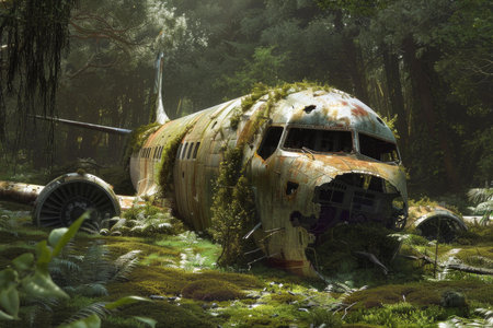 Digital art of a mosscovered airplane crash site in a sunlit woodlandの素材
