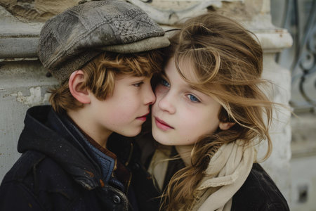 Closeup of a young boy and girl with expressive eyes showing sibling love and connectionの素材