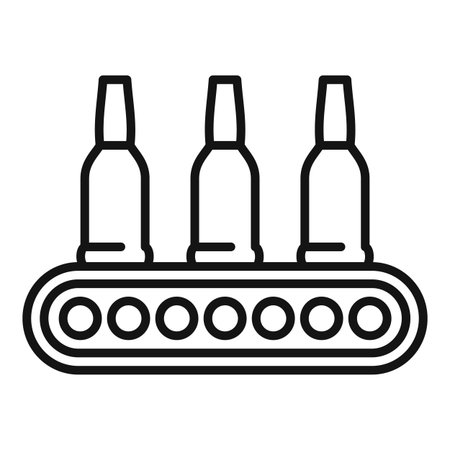 Line art vector of an industrial conveyor belt with three bottles, in black and whiteのイラスト素材