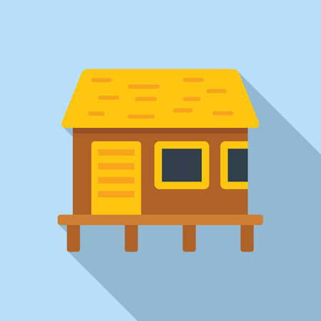 Flat design vector of a cute wooden house with a yellow roof on a blue backgroundのイラスト素材