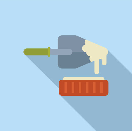 Vector illustration of a hand with a construction trowel and brick, on a blue backgroundのイラスト素材
