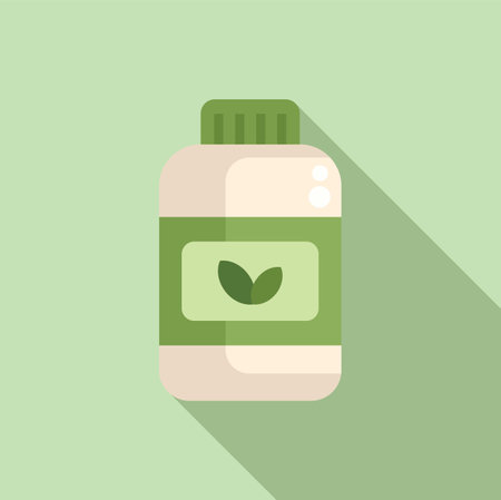 Flat design icon of a supplement bottle with a leaf symbol, on a soothing pastel backdropのイラスト素材