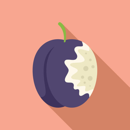 Flat design vector graphic of a ripe plum with a bite taken out, on a pastel backgroundのイラスト素材