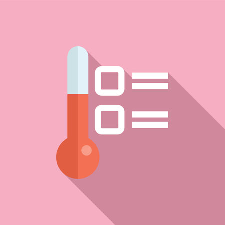 Flat design vector illustration of a red thermometer icon with shadow, indicating temperature on a pink backgroundのイラスト素材