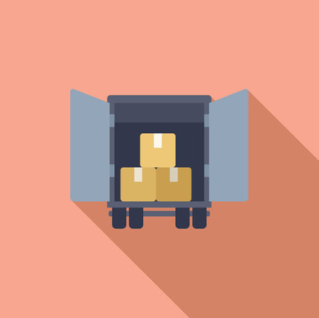 Flat design vector of a delivery truck with open rear doors showing cardboard boxes, ready for...