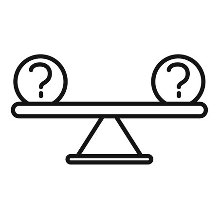 Black and white vector of a balance scale with question marks, symbolizing decision making or uncertaintyのイラスト素材