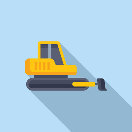 Vector illustration of a yellow cartoon bulldozer with a flat design style on a blue backgroundのイラスト素材