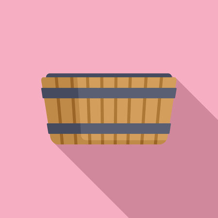 Flat design illustration of a wooden basket with shadow, isolated on a pastel pink backgroundのイラスト素材
