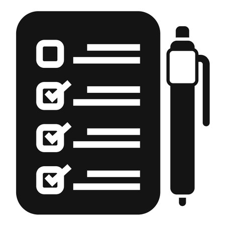 Black and white vector icon depicting a checklist with check marks and a penのイラスト素材