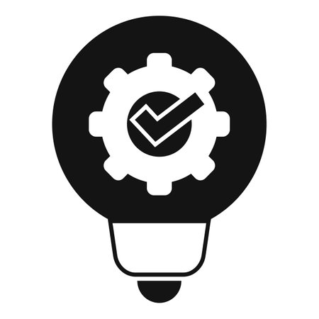 Black and white icon of a light bulb with gears and check mark indicating a successful idea or solutionのイラスト素材
