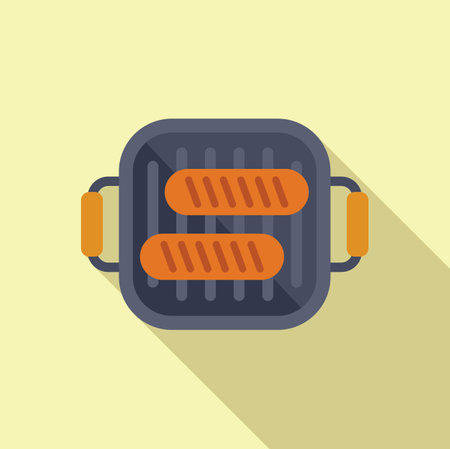Flat design vector of two sausages cooking on a grill pan with a shadow, on a yellow backgroundのイラスト素材