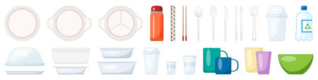 Plastic tableware cartoon vector icons. A collection of disposable dinnerware and utensils. The tableware includes bowls, cups, spoons, forks, and knives. The utensils include a spoon and a forkのイラスト素材