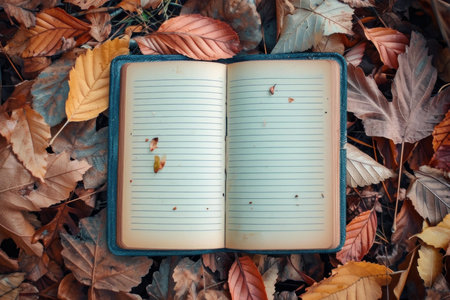 Top view of an empty notebook amidst colorful fall foliageの素材