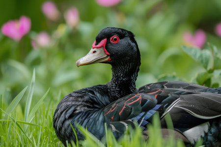 Exotic Black Muscovy duck in green field. Bird with dark feathers in outdoor green grass. Generate aiの素材