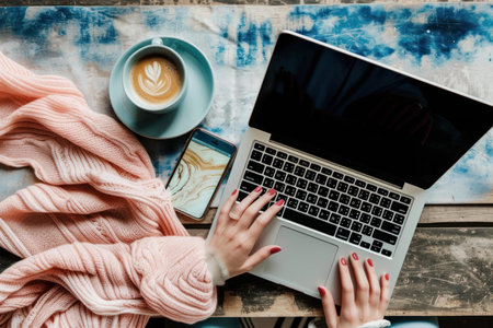 Aerial view of a comfortable work setup with a laptop, cup of coffee, and pastel pink sweaterの素材