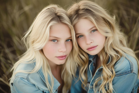 Portrait of beautiful twin sisters with blond hair, wearing denim, in a natural settingの素材