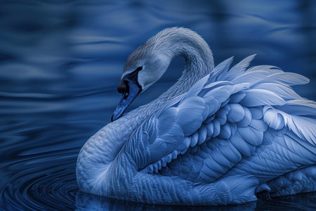 Graceful white swan captured in a serene blue water setting, showcasing its beauty and poiseの素材