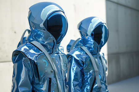 Two individuals in high-tech silver reflective suits with full-head coverage standing side by sideの素材