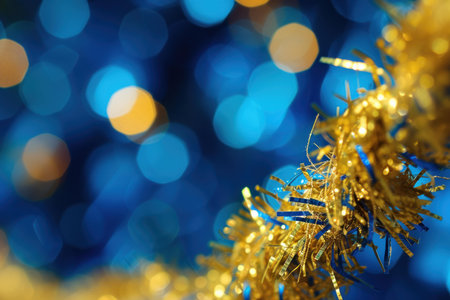 Close-up of sparkling gold tinsel with a soft, blurred blue light backdropの素材