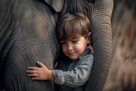 A young boy shares a gentle embrace with a large elephant, symbolizing trust and friendshipの素材