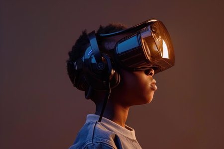 Side view of a youth immersed in vr with headset and headphones against a brown backgroundの素材