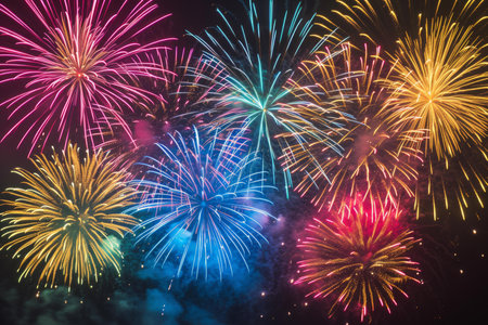 Dazzling array of colorful fireworks illuminates the darkness with a festive spiritの素材