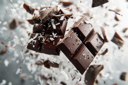 Indulge in the dynamic, high-speed burst of exploding dark chocolate delight with shattered shards and flying pieces, a delicious and tempting gourmet dessert treatの素材